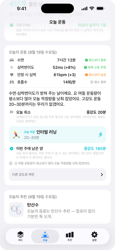 오늘의 운동 — 최소·적정·상한 추천